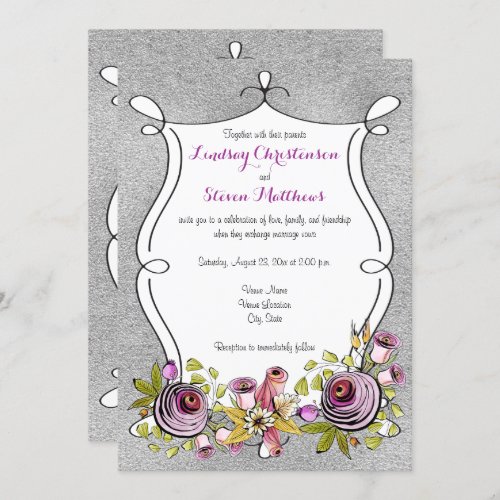 Wedding Invitation  Plum FAUX Silver Foil Floral