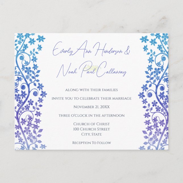 Wedding Invitation Purple and Blue Floral Postcard (Front)