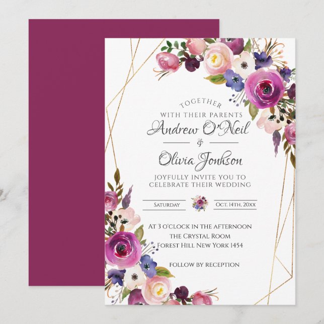 Wedding Invitation Purple & Blue Roses (Front/Back)