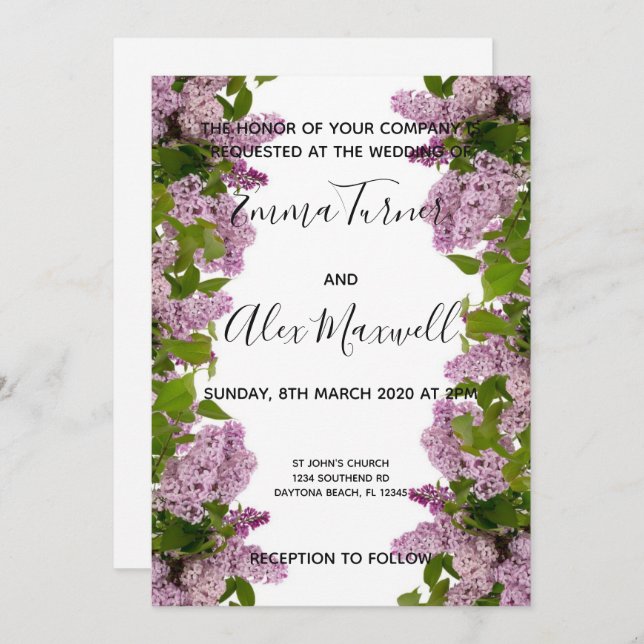 Wedding Invitation | Purple Floral Script (Front/Back)