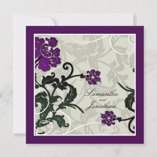 Wedding Invitation Purple Green Floral Leafy Swirl