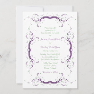 Wedding Invitation Purple Green Floral Scroll