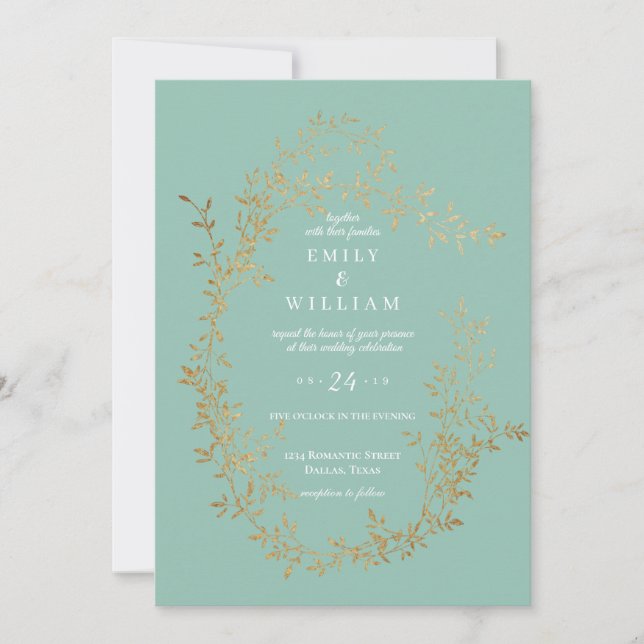Wedding Invitation Rare Teal Blue Green Gold (Front)
