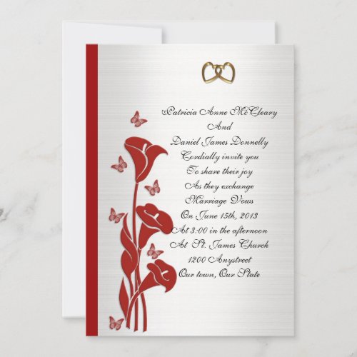 Wedding Invitation red calla lily and butterflies