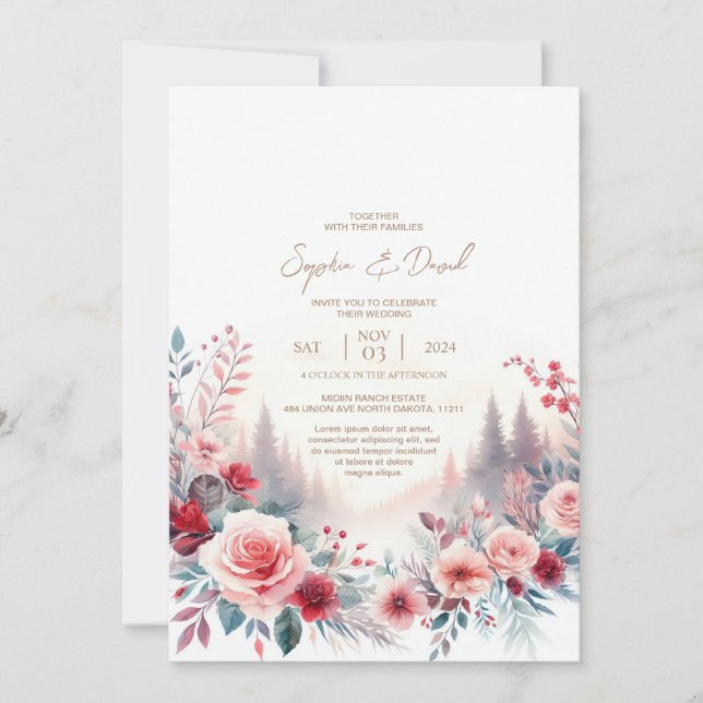 Wedding Invitation Red roses & pine trees (Front)