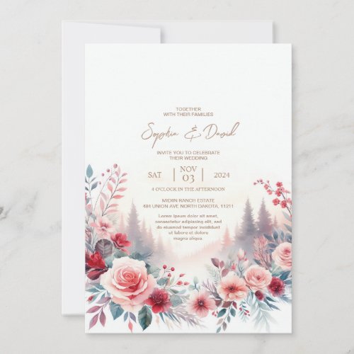 Wedding Invitation Red roses  pine trees