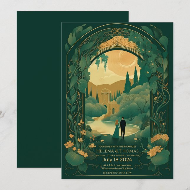 Wedding Invitation Romantic Emerald Green and Gold (Front/Back)