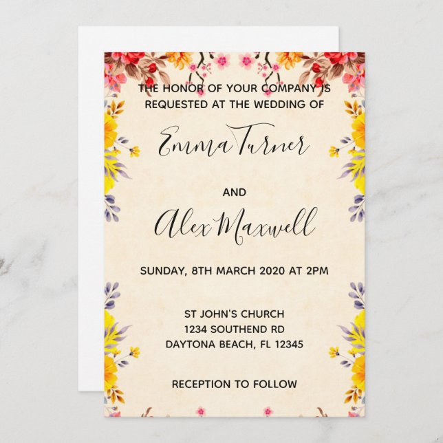 Wedding Invitation | Romantic Floral Script (Front/Back)