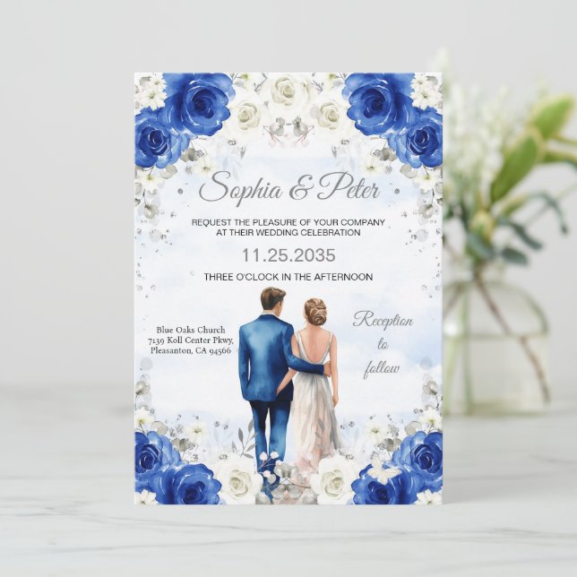 Wedding Invitation Royal Blue Flowers Roses (Standing Front)