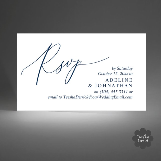 Wedding Invitation RSVP, Modern Romantic Reminder (Wedding Invitation RSVP Modern Minimalist Design Reminder Email Phone Texting in Classy Navy Blue)
