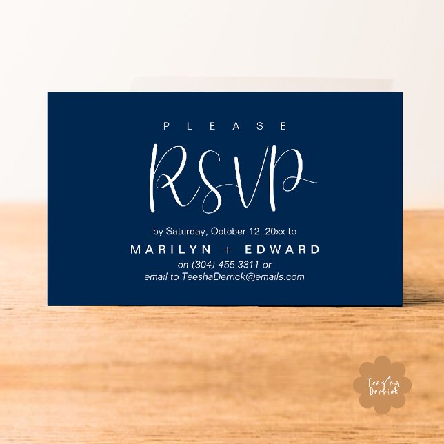 Wedding Invitation RSVP Reminder Enclosed Card (Wedding invitation RSVP via Phone or email respond reminder Enclosure Card in aesthetic Navy Blue)