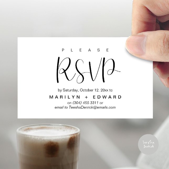 Wedding Invitation RSVP Reminder Enclosed Card (Wedding invitation RSVP via Phone or email respond reminder Enclosure Card in aesthetic White Black)