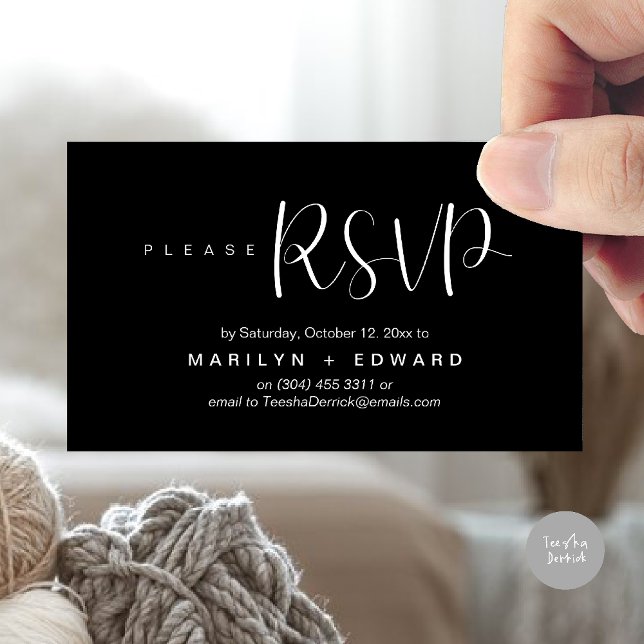 Wedding Invitation RSVP Reminder Enclosed Card (Wedding invitation RSVP via Phone or email respond reminder Enclosure Card in aesthetic Black White)