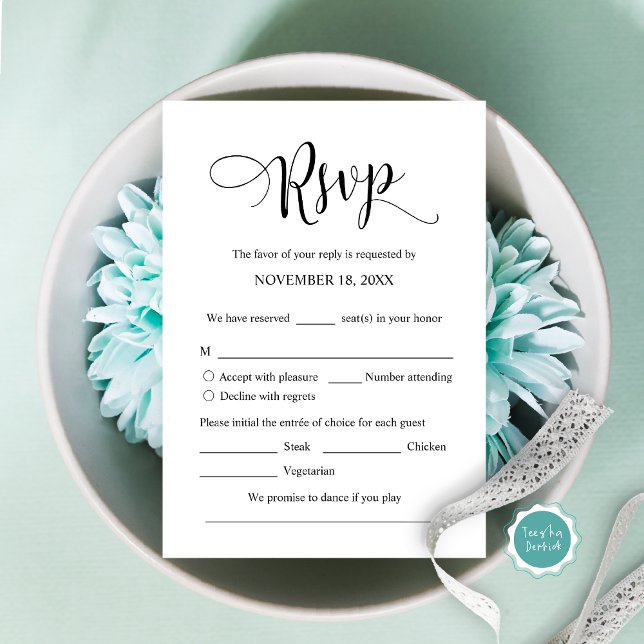 Wedding Invitation RSVP Respond, Meal options Card (Modern Wedding Invitation RSVP card, with meal options, accept, decline, song request.)