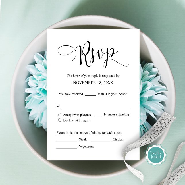 Wedding Invitation RSVP Respond, Meal options Card (Modern Wedding Invitation RSVP card, with meal options, accept, decline and number attending.)