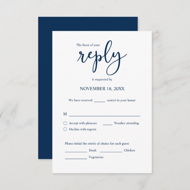 Wedding Invitation RSVP Respond, Meal options Card (Front/Back)
