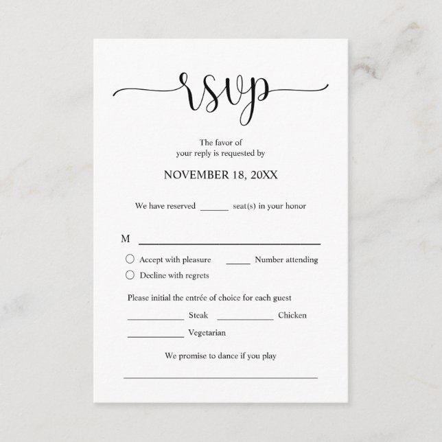 Wedding Invitation RSVP Respond, Meal options Card (Front)