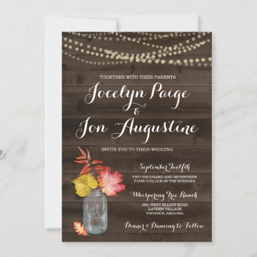 Wedding Invitation | Rustic Fall - Fall in love. . . .  Hand drawn Watercolor fall leaves and mason jar complement the season beautifully.
