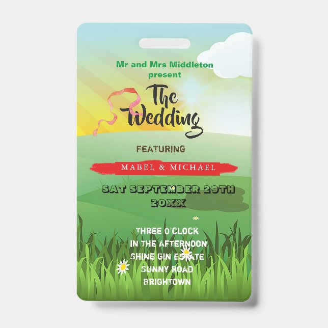Wedding Invitation Rustic Festival Fields Fun  Badge (Front)