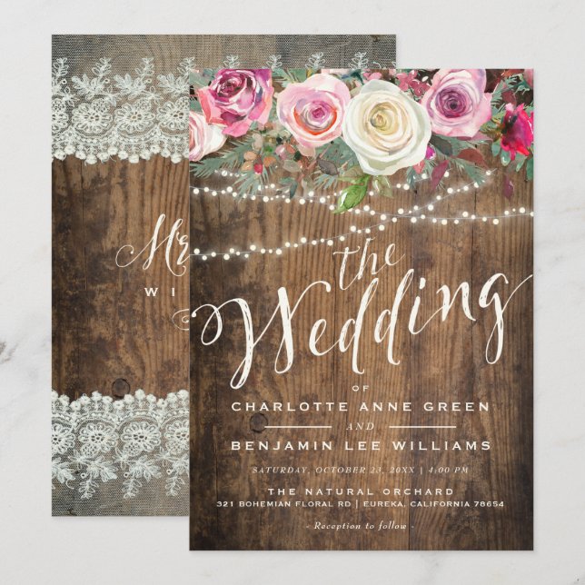 WEDDING INVITATION | Rustic Wood Floral Lights (Front/Back)