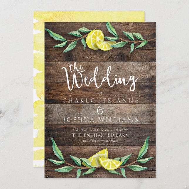 WEDDING INVITATION | Rustic Wood Lemon Watercolor (Front/Back)