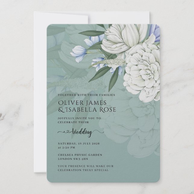 Wedding Invitation | Sage Green & White Peonies (Front)