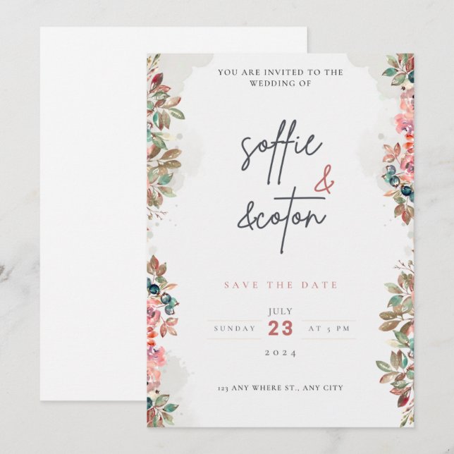 Wedding Invitation set  Wildflower beige Wedding (Front/Back)