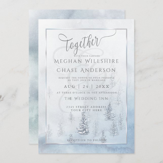 Wedding Invitation | Silver Blue Winter Wonderland (Front/Back)