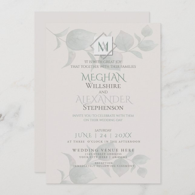 Wedding Invitation | Silver Sage  Eucalyptus (Front/Back)