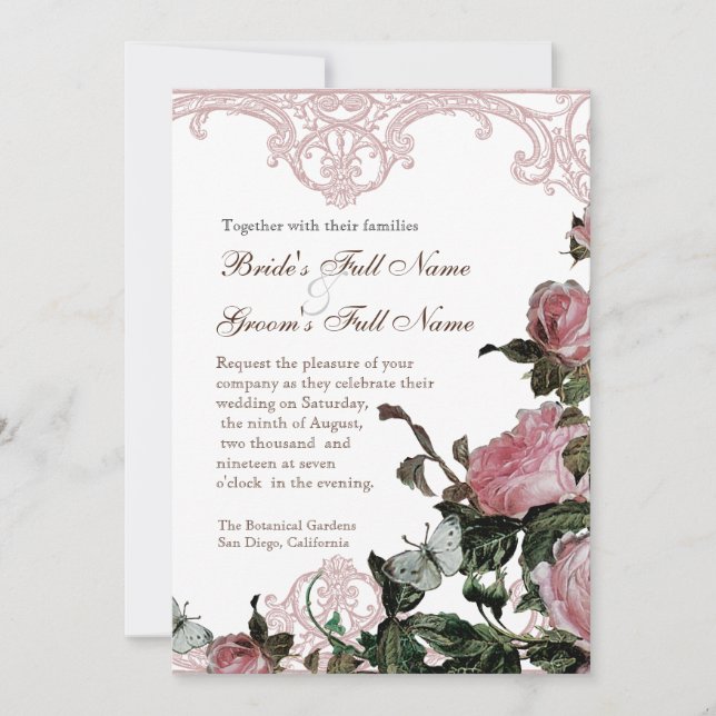 Wedding Invitation Silver - Trellis Rose Vintage (Front)