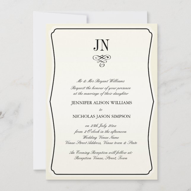 Wedding Invitation Simple Black Border and Scroll (Front)