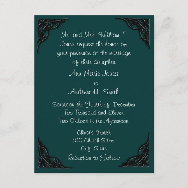 Wedding Invitation Teal with Black Corners Postcard (Front)