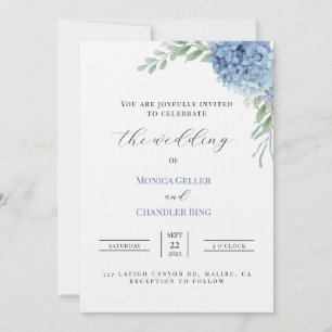 Wedding invitation template with blue hydrangeas
