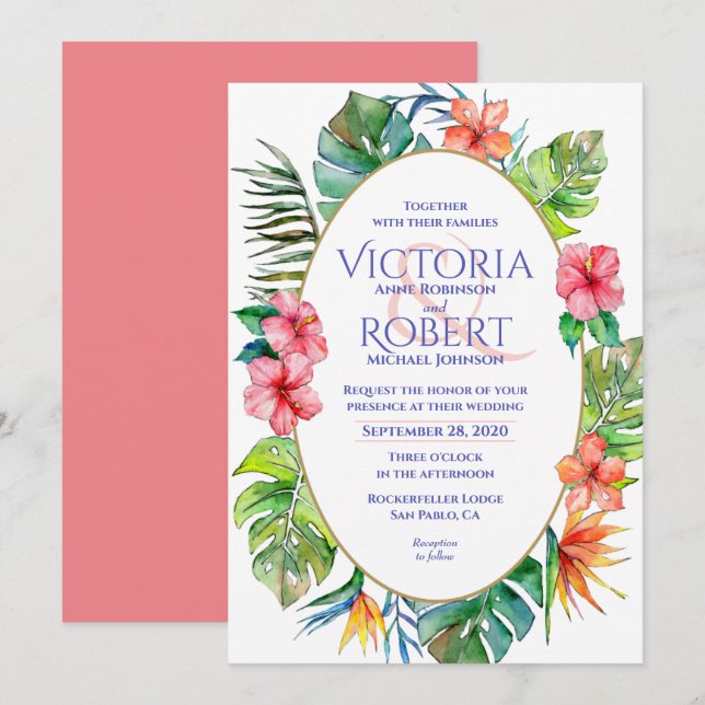Wedding Invitation | Tropical Floral Watercolor (Front/Back)