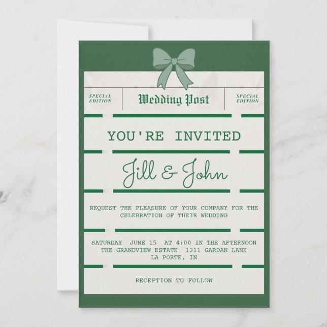  Wedding Invitation Vintage Newspaper with Bow (Front)