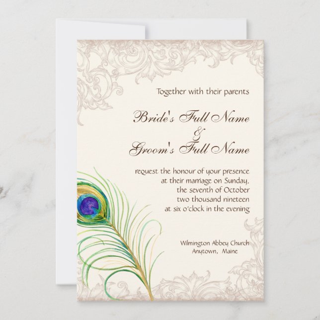 Wedding Invitation Vintage Peacock Feather Etched (Front)
