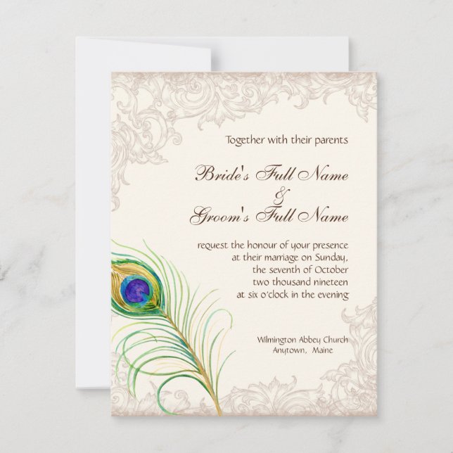 Wedding Invitation Vintage Peacock Feather Etched (Front)