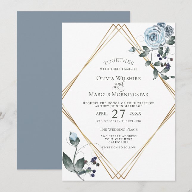 Wedding Invitation | Watercolor Dusty Blue Floral (Front/Back)
