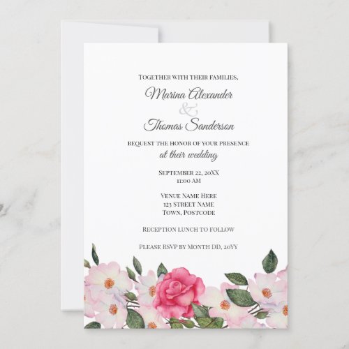 Wedding Invitation Watercolor Pink White Roses