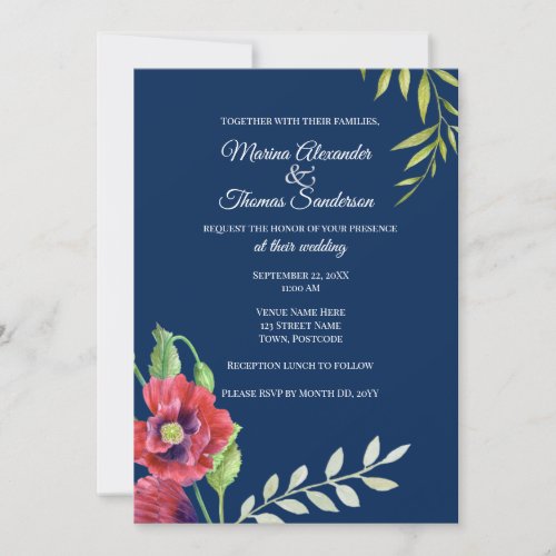 Wedding Invitation Watercolor Red Poppies Leaves
