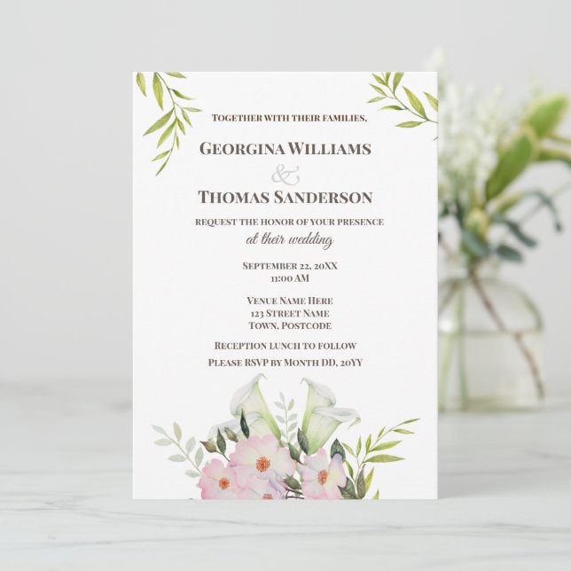 Wedding Invitation Watercolor White Calla Lilies (Standing Front)