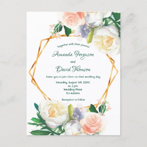 Wedding invitation watercolored floral blush pink postcard