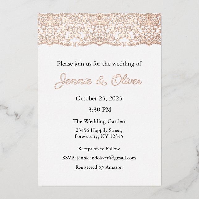Wedding Invitation, Wedding Stationary, Foil, Lace Foil Invitation (Front)