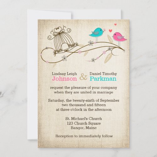 Wedding Invitation  Whimsical Birds in Love