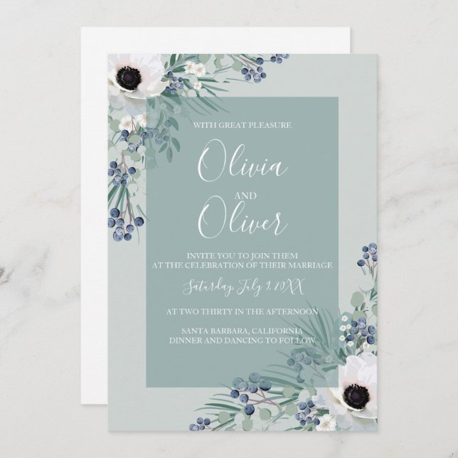 Wedding invitation white anemone sage green (Front/Back)