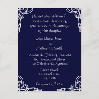 Wedding Invitation White Corners Swirl on Plum Postcard