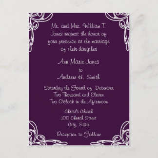 Wedding Invitation White Corners Swirl on Plum Postcard
