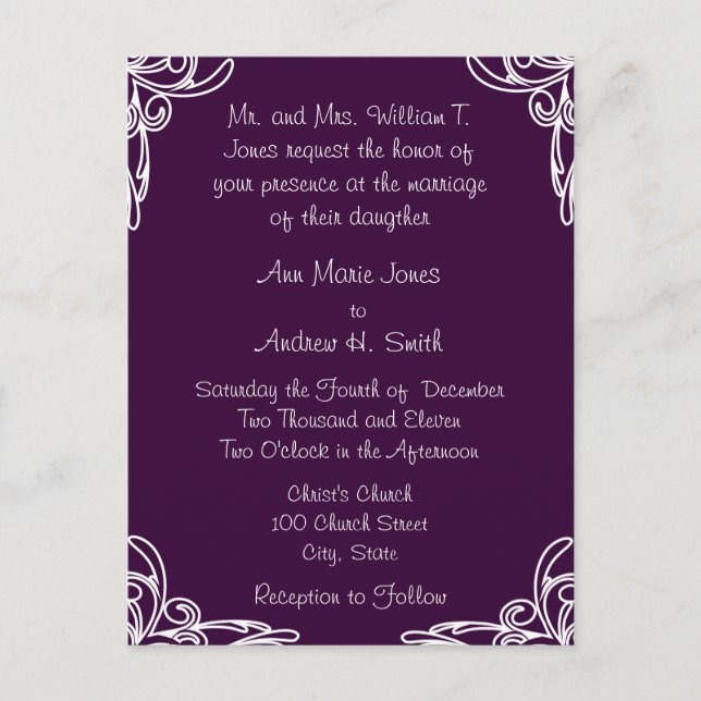 Wedding Invitation White Corners Swirl on Plum Postcard (Front)