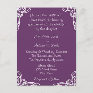 Wedding Invitation White Corners Swirl on Plum Postcard
