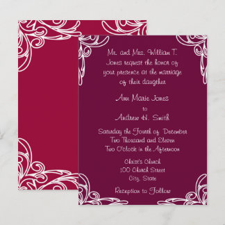 Wedding Invitation White Corners Swirl on Rasberry Postcard